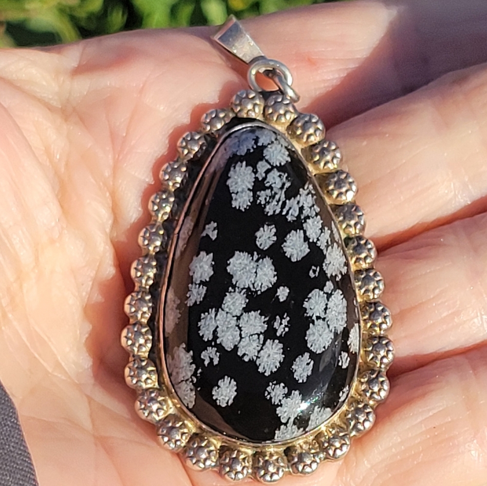 Vintage Snowflake Obsidian Solid Sterling Silver Pendant